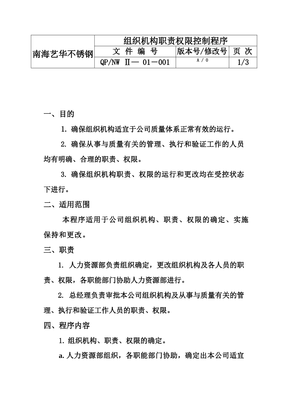 南海艺华不锈钢铝业有限公司质量体系程序文件_第1页