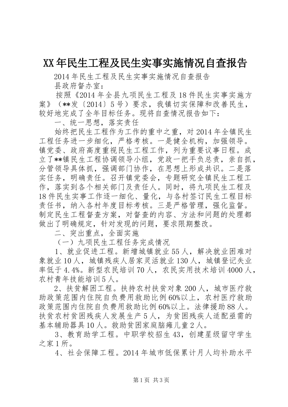 XX年民生工程及民生实事实施情况自查报告_第1页
