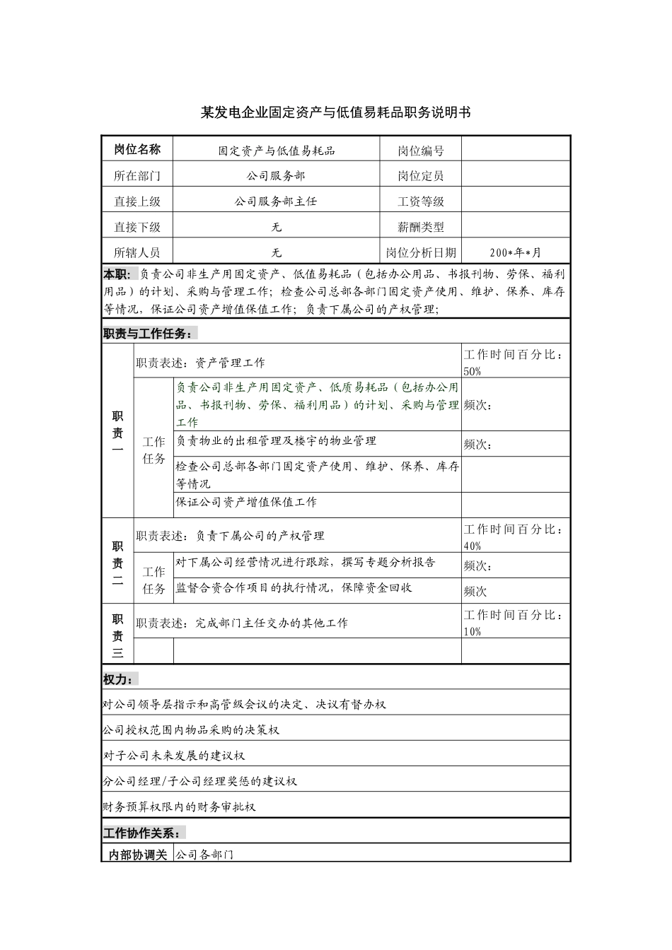 某发电企业固定资产与低值易耗品职务说明书_第1页
