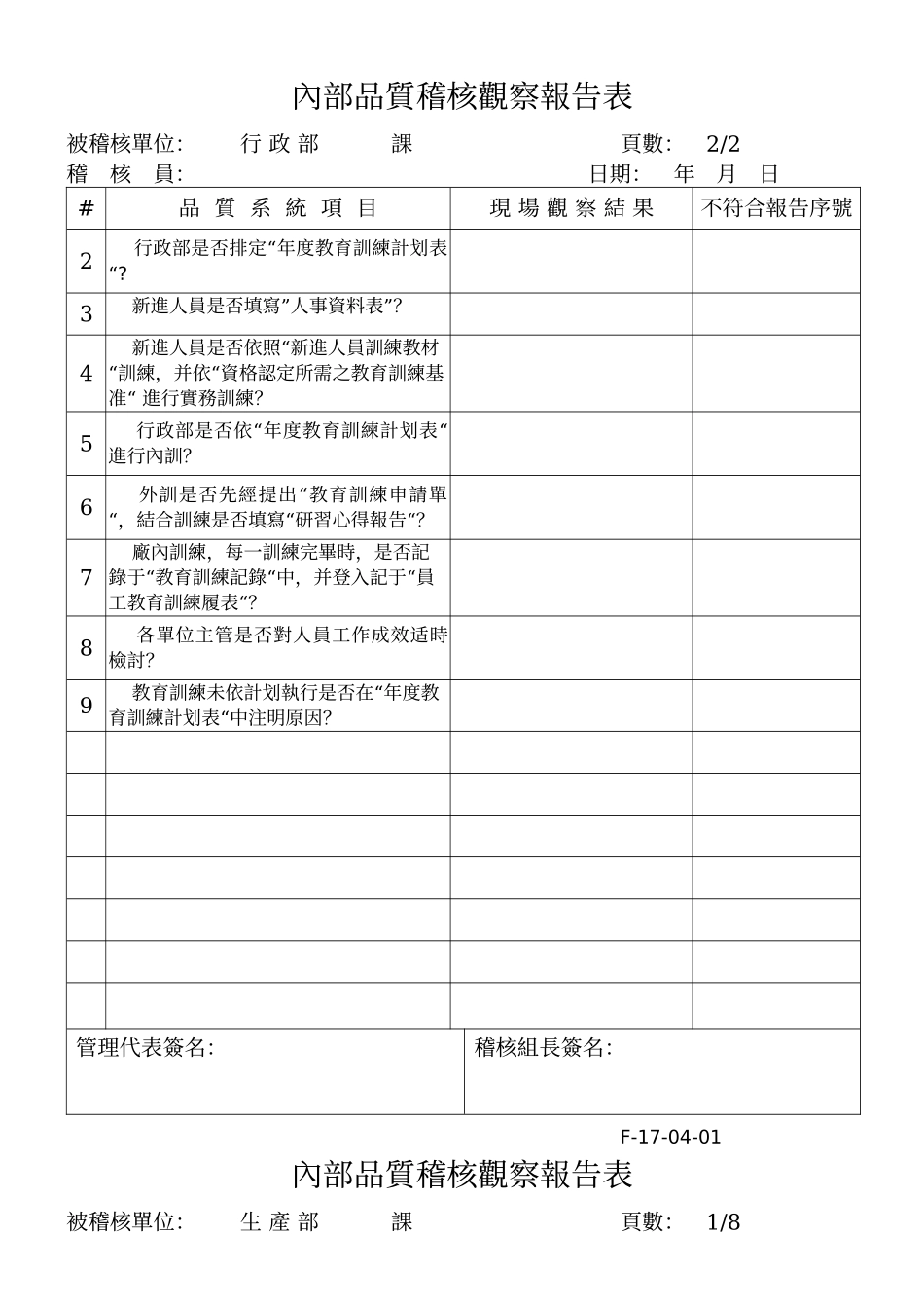 某某股份有限公司内部质量审核检查表范例_第2页