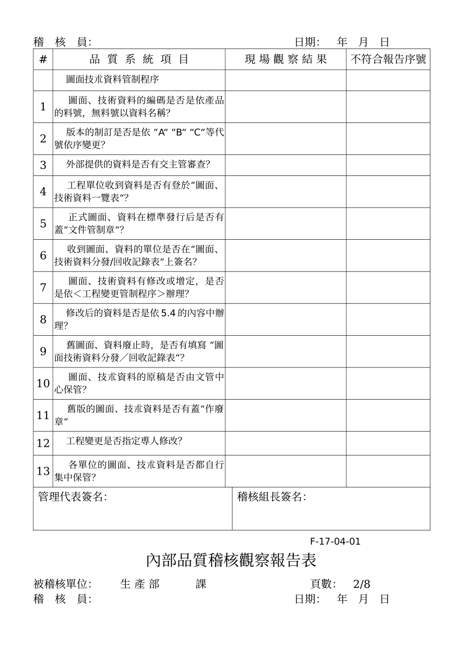某某股份有限公司内部质量审核检查表范例_第3页