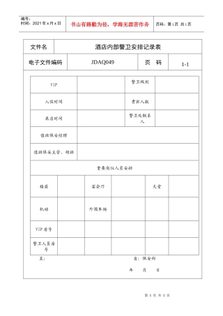 酒店内部警卫安排记录表