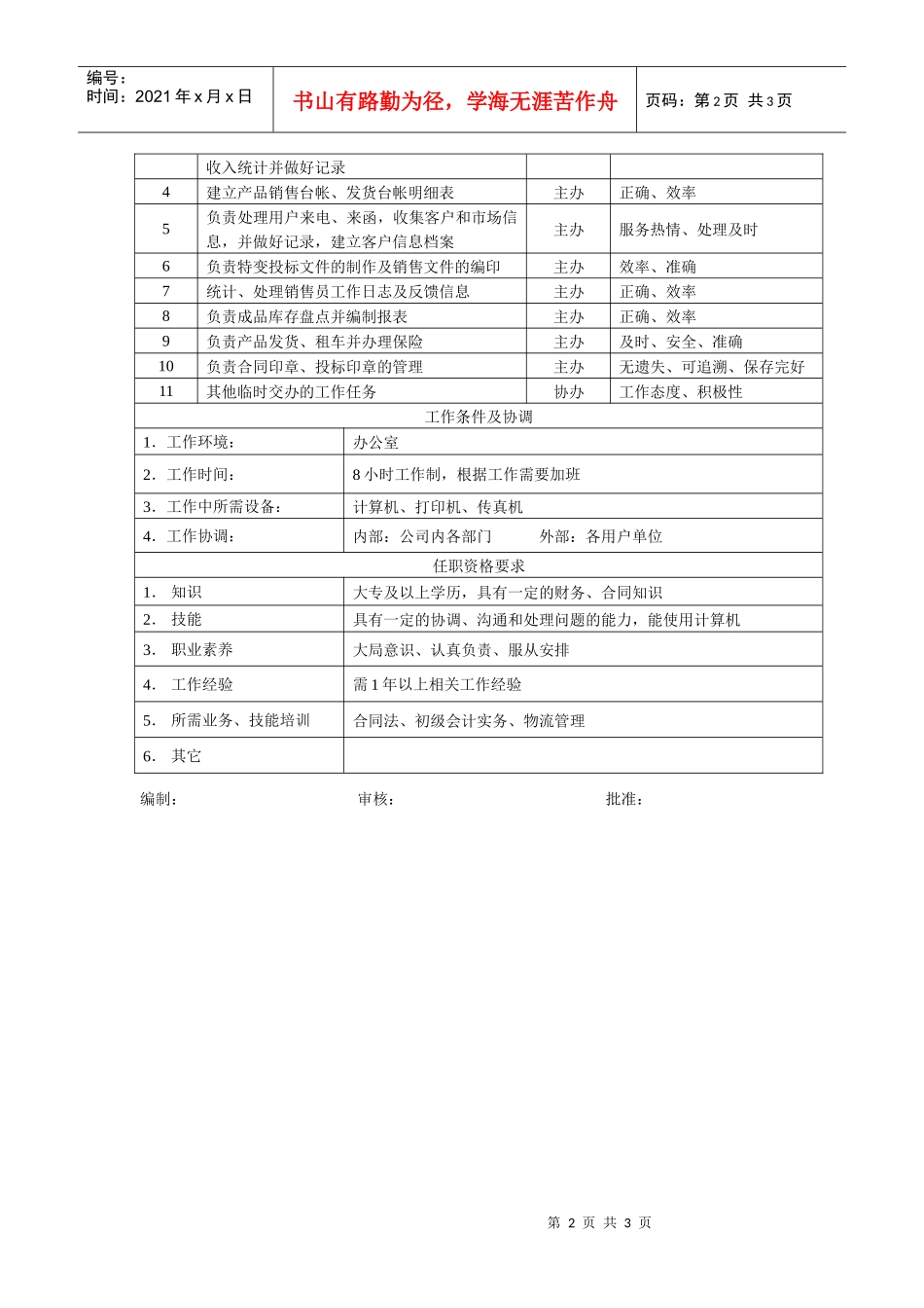电力集团某大型电气配件企业内勤岗位说明书_第2页