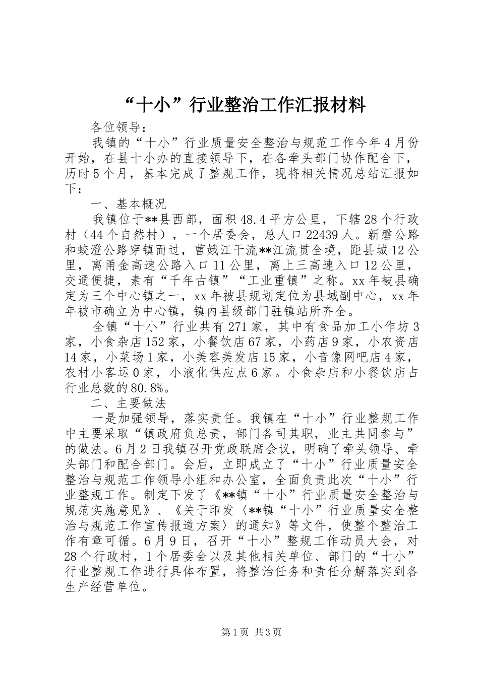 “十小”行业整治工作汇报材料_第1页