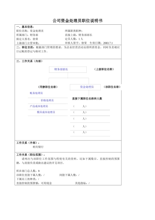 某大型汽车零部件公司财务部资金处理员职位说明书
