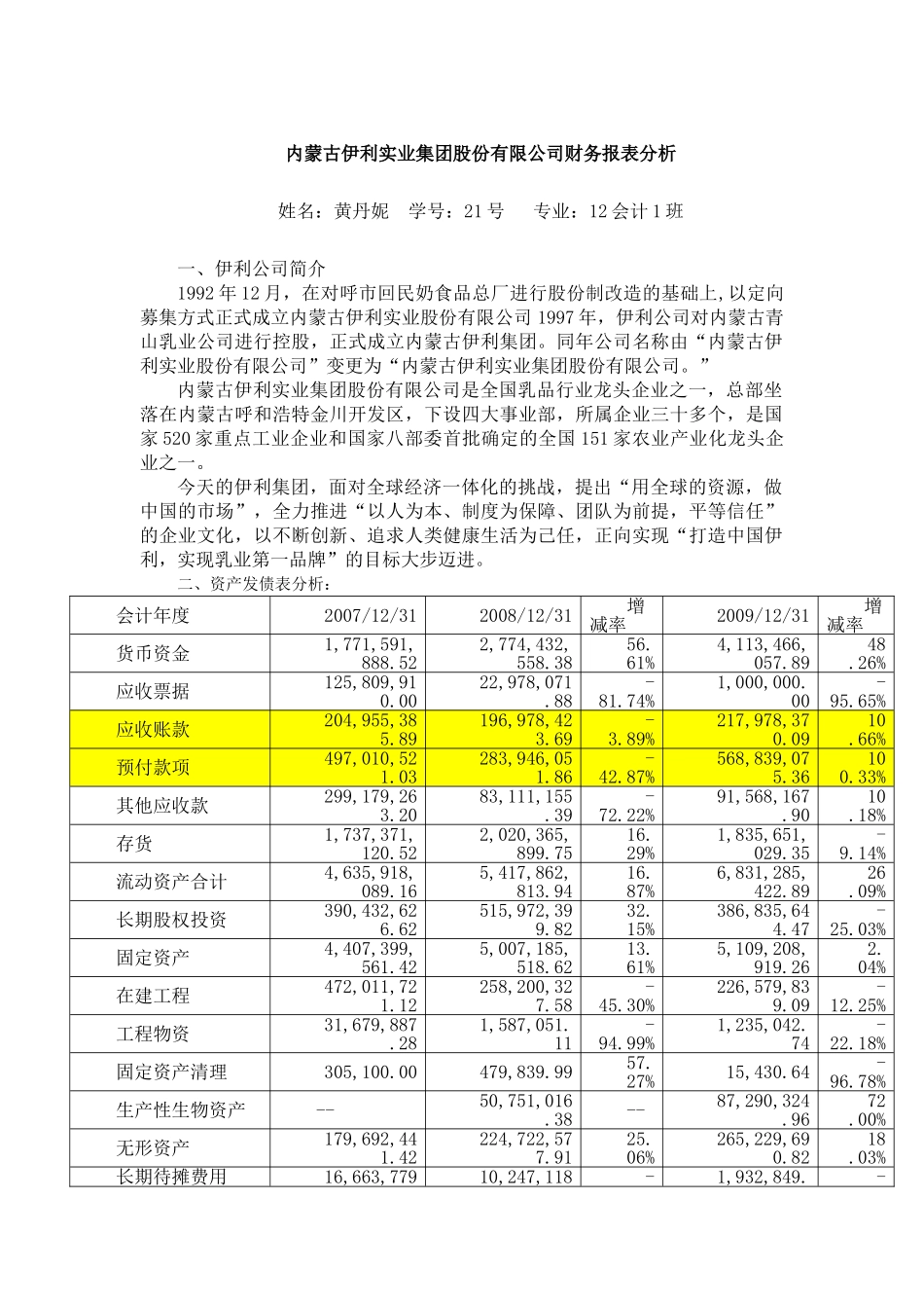 内蒙古伊利实业集团股份有限公司财务报表分析_第1页