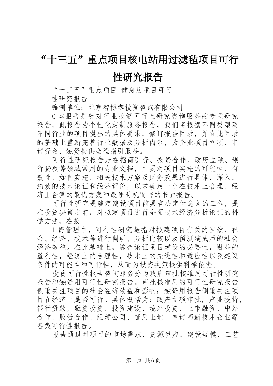 “十三五”重点项目核电站用过滤毡项目可行性研究报告_第1页