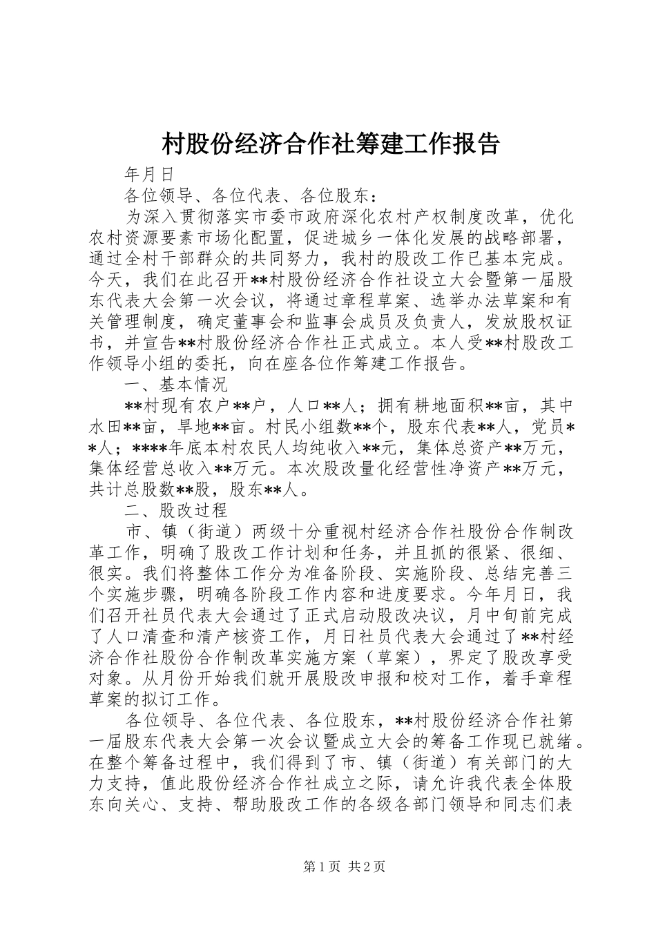 村股份经济合作社筹建工作报告_第1页