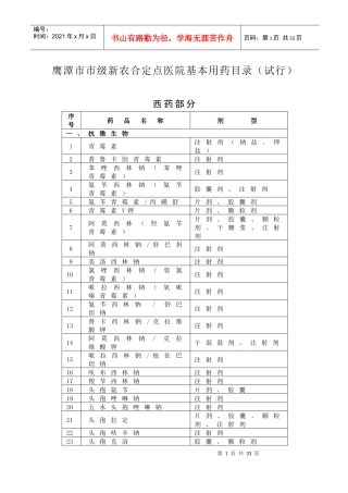 鹰潭市市级新农合定点医院基本用药目录（试行）