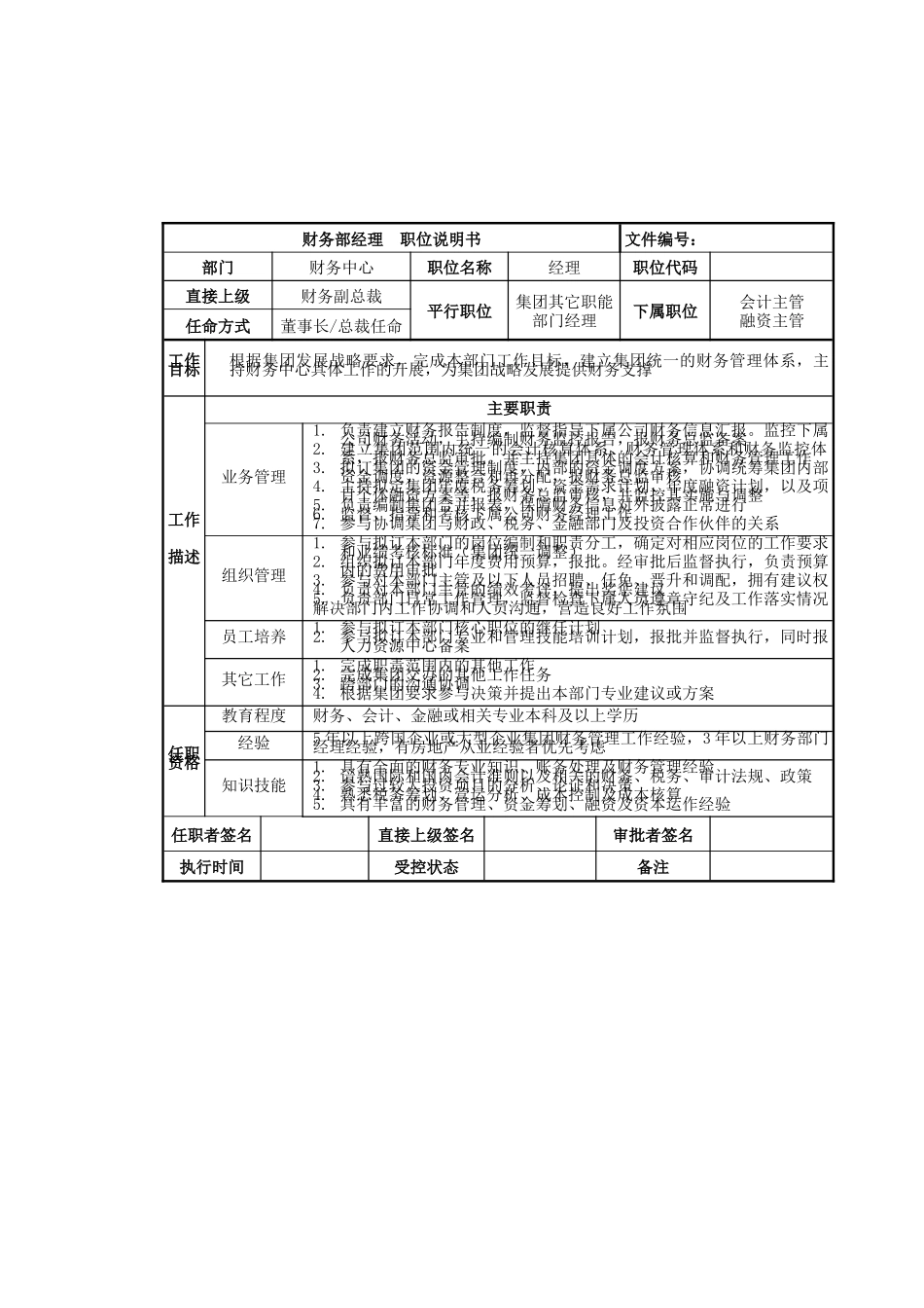 集团财务部经理岗位说明书_第1页