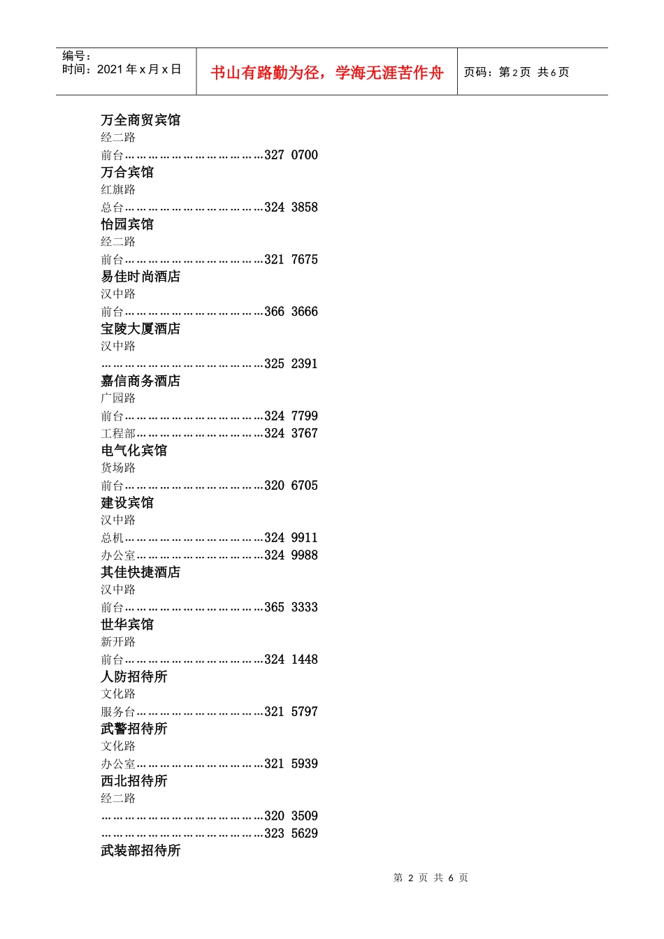 陕西省宝鸡市宾馆酒店电话联系方式_第2页