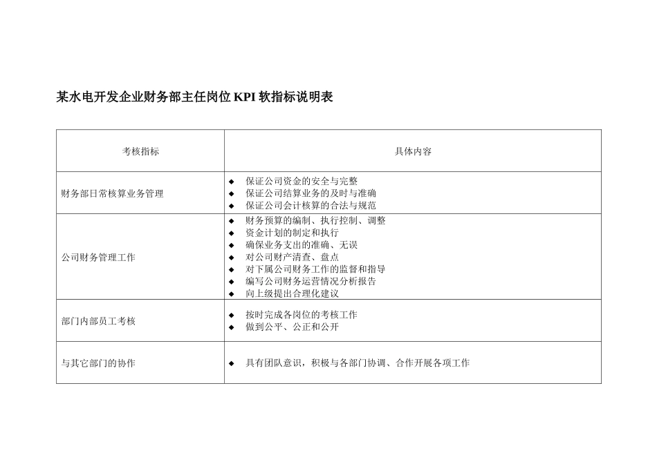 某水电开发企业财务部主任岗位kpi软指标说明表_第1页