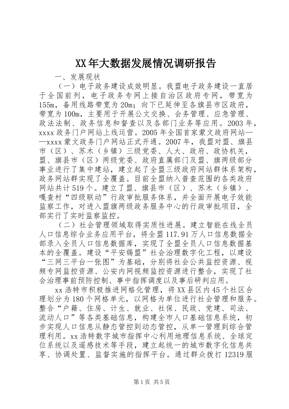 XX年大数据发展情况调研报告_第1页