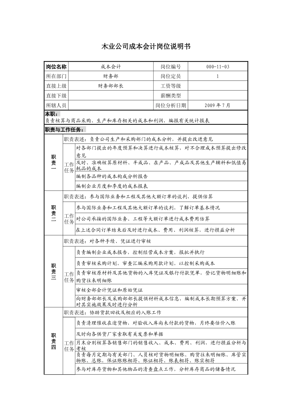 木业公司成本会计岗位说明书_第1页