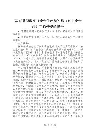 XX市贯彻落实《安全生产法》和《矿山安全法》工作情况的报告