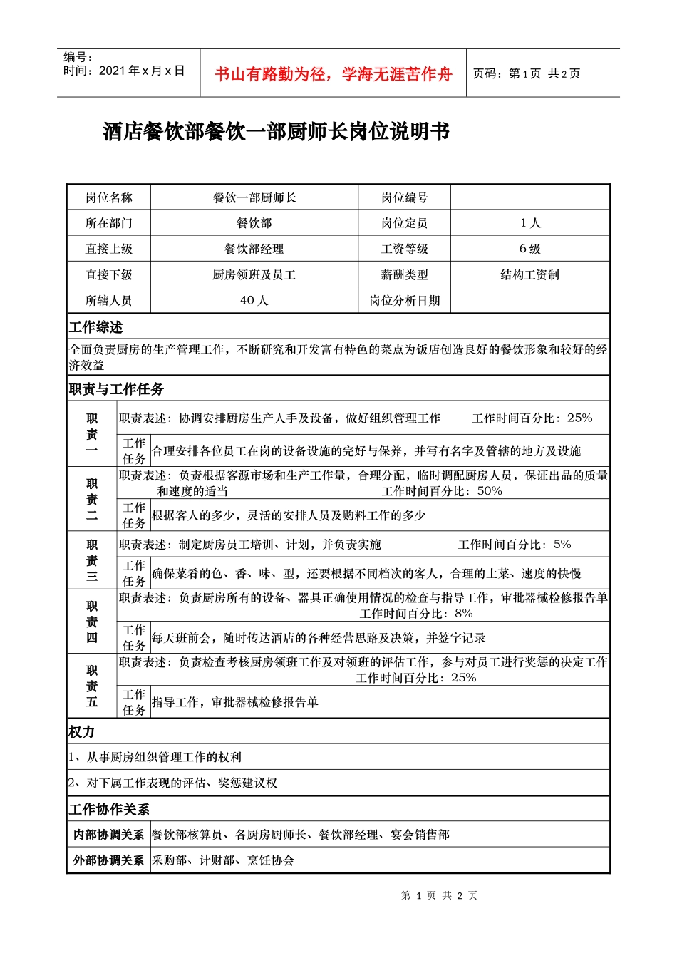 酒店餐饮部餐饮一部厨师长岗位说明书_第1页