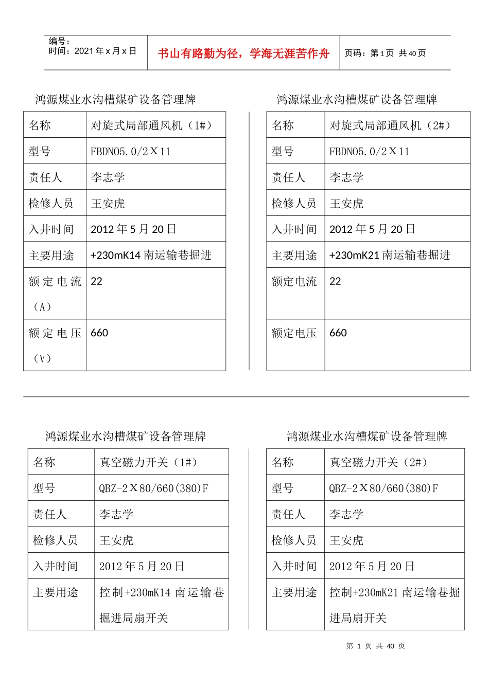 鸿源煤业水沟槽煤矿设备管理牌1_第1页