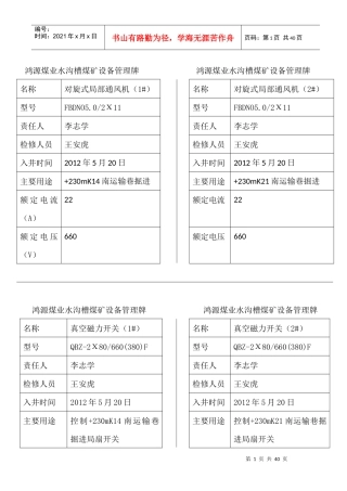鸿源煤业水沟槽煤矿设备管理牌1