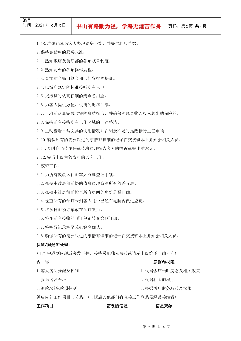 酒店总台接待员岗位说明书_第2页