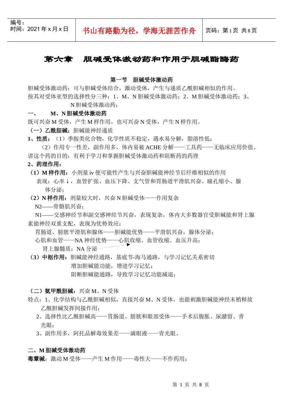 药理学讲稿之第六章 胆碱受体激动药和作用于胆碱酯酶药_第1页