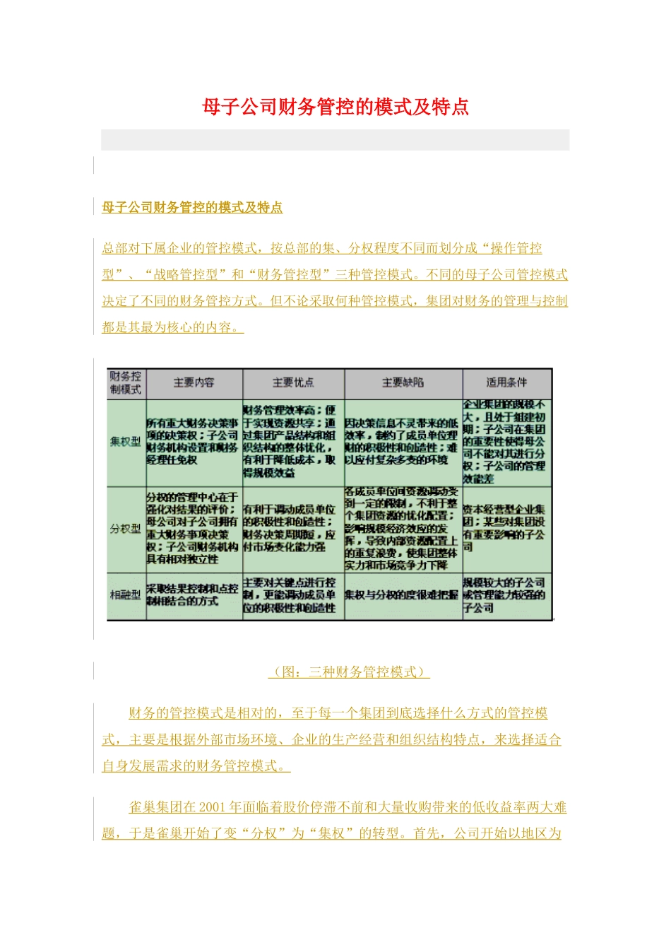 母子公司财务管控的模式及特点_第1页