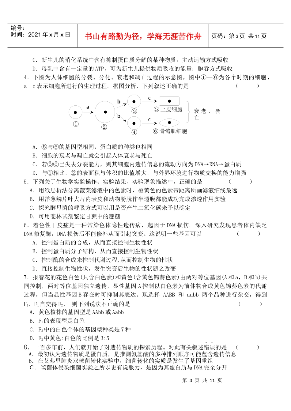 高三上学期生物期末模拟试题_第3页