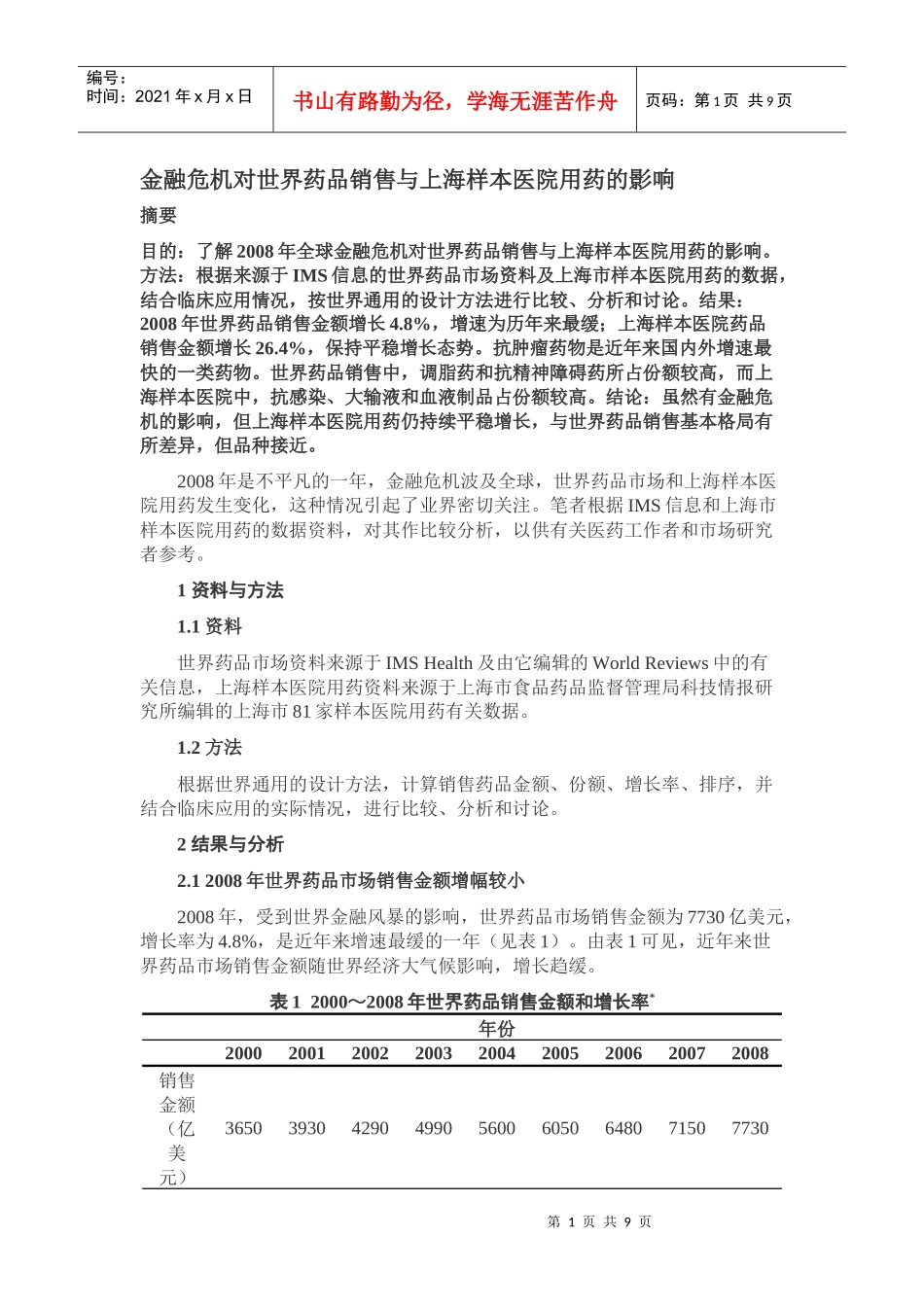 金融危机对世界药品销售与上海样本医院用药的影响_第1页