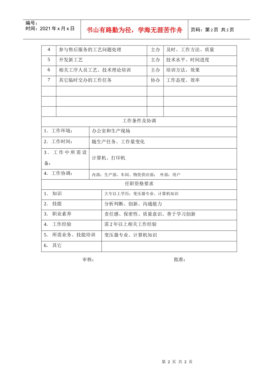 电力集团某大型电气配件企业工艺员岗位说明书_第2页