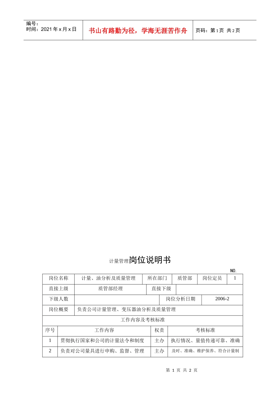 电力集团某大型电气配件企业计量管理岗位说明书_第1页