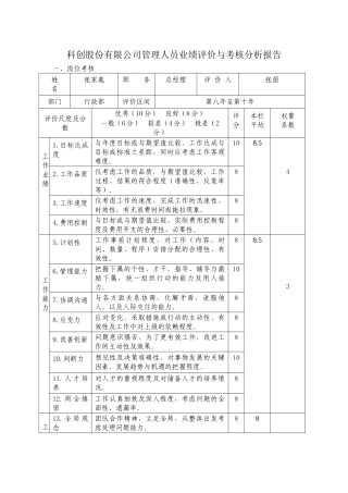 科创股份有限公司管理人员业绩评价与考核分析报告