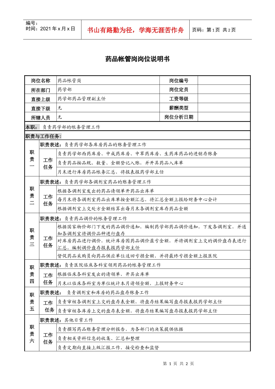 药品帐管岗岗位说明书_第1页