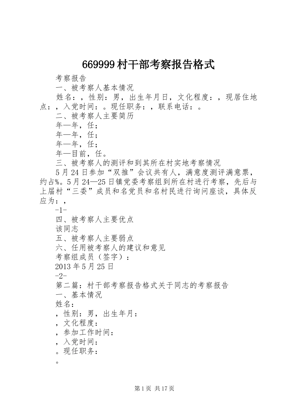 669999村干部考察报告格式_第1页