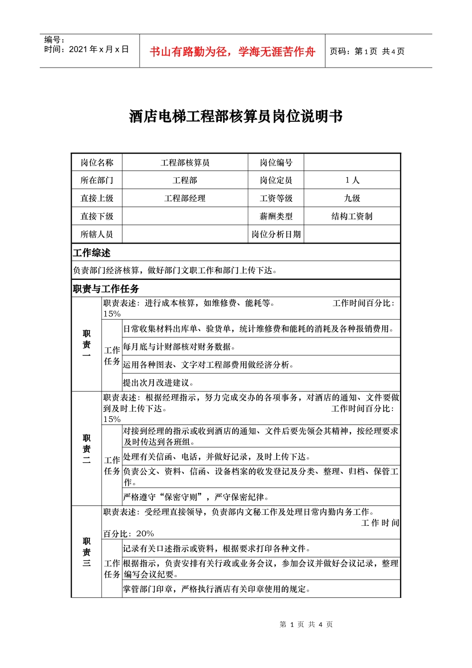 酒店电梯工程部核算员岗位说明书_第1页