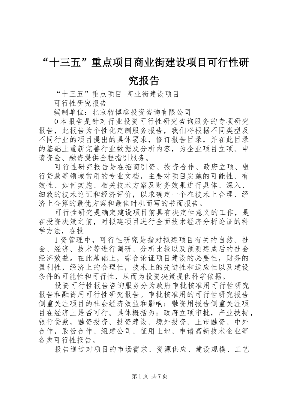 “十三五”重点项目商业街建设项目可行性研究报告_第1页