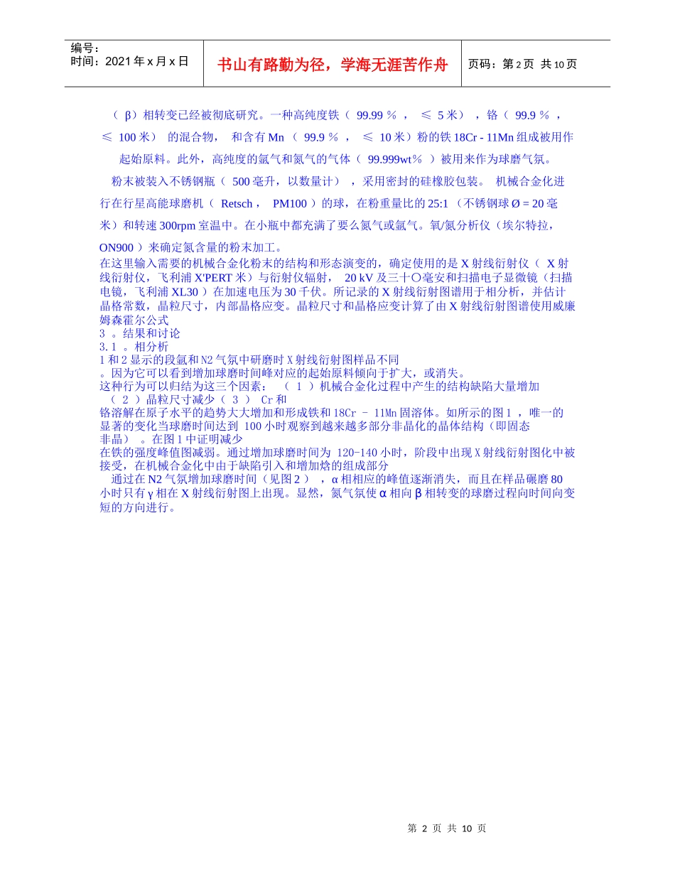 经机械合金化生产纳米高氮奥氏体不锈钢粉末过程中发生α相向β相转变_第2页