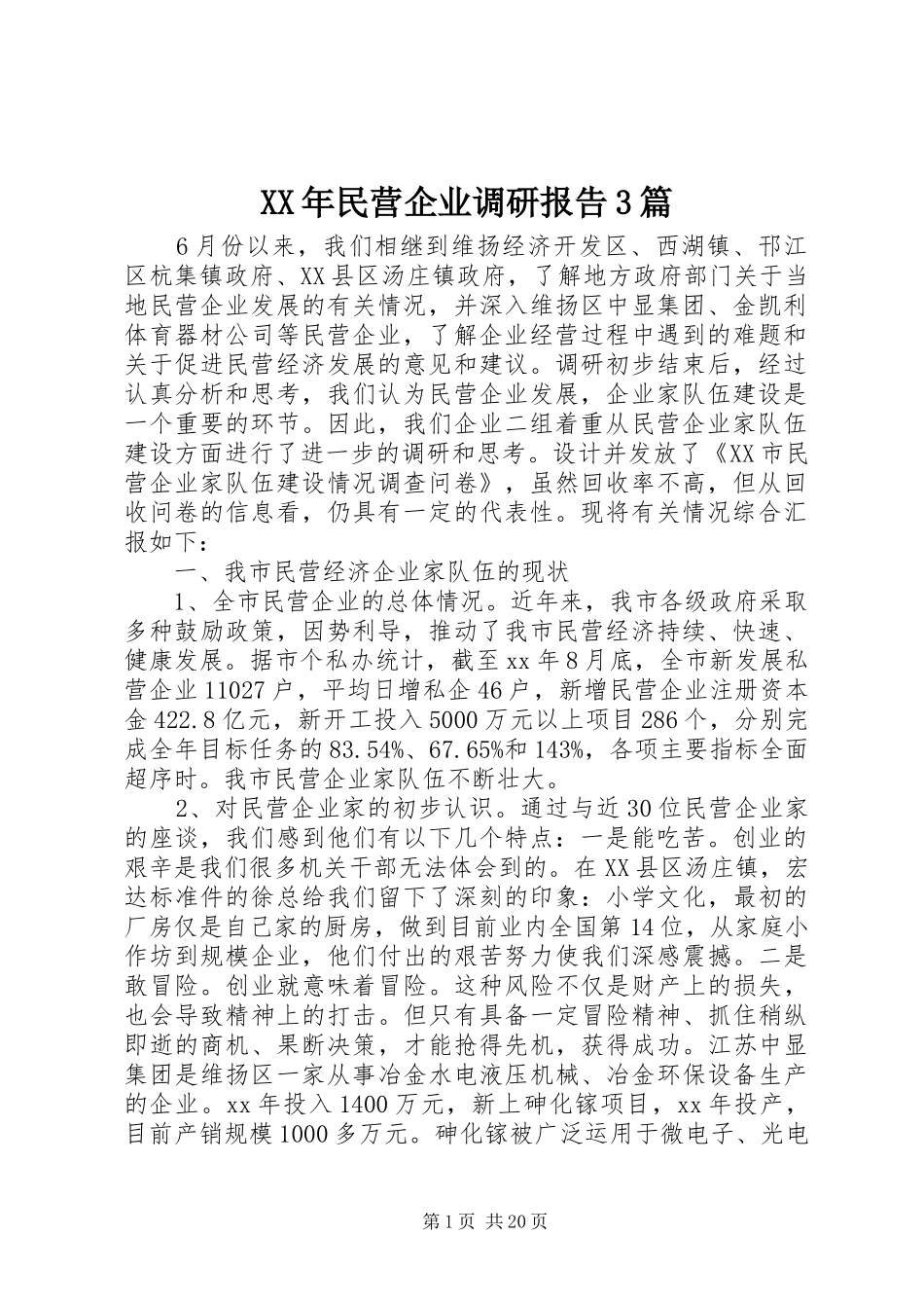 XX年民营企业调研报告3篇_第1页