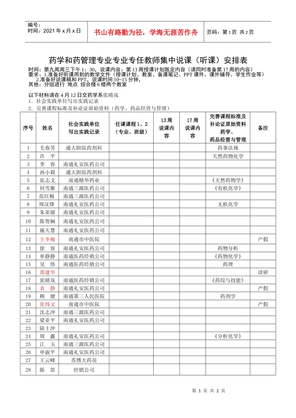药学和药管理专业专业专任教师集中说课（听课）安排表_第1页