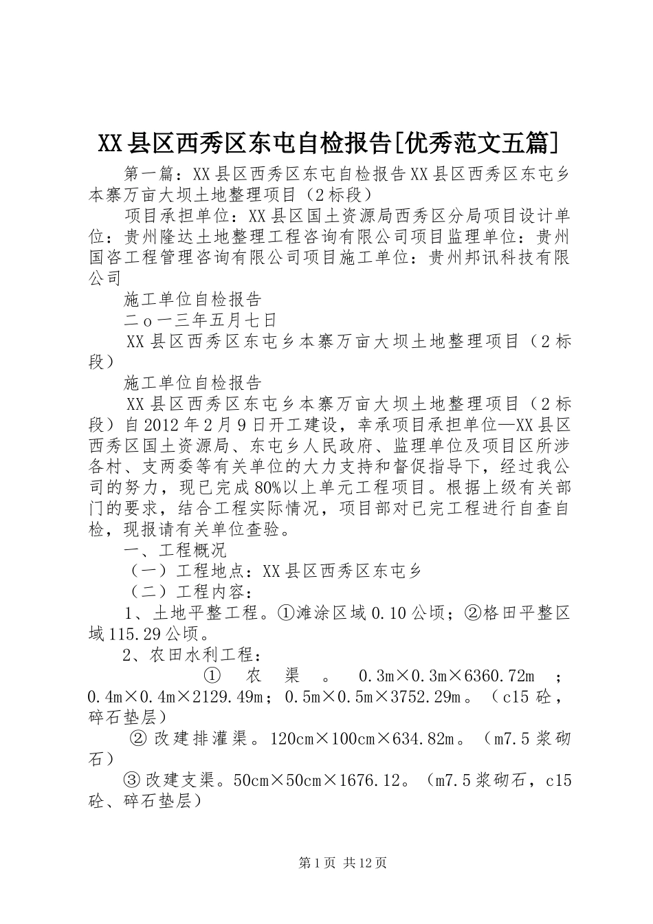 XX县区西秀区东屯自检报告[优秀范文五篇]_第1页