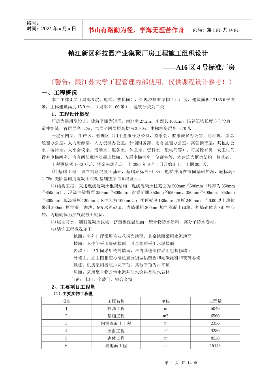 镇江新区科技园产业集聚厂房工程施工组织设计_第1页