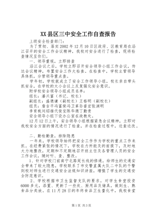 XX县区三中安全工作自查报告