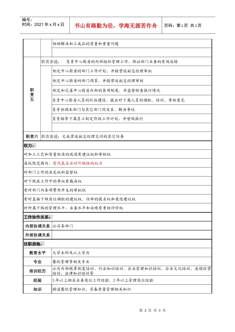 餐饮企业中心厨房主任岗位说明书_第2页
