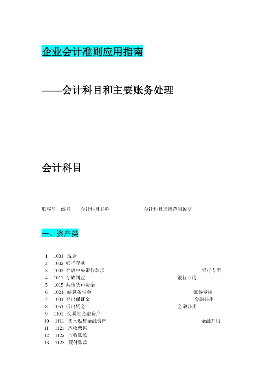 企业会计准则应用指南会计科目和主要账务处理_第1页