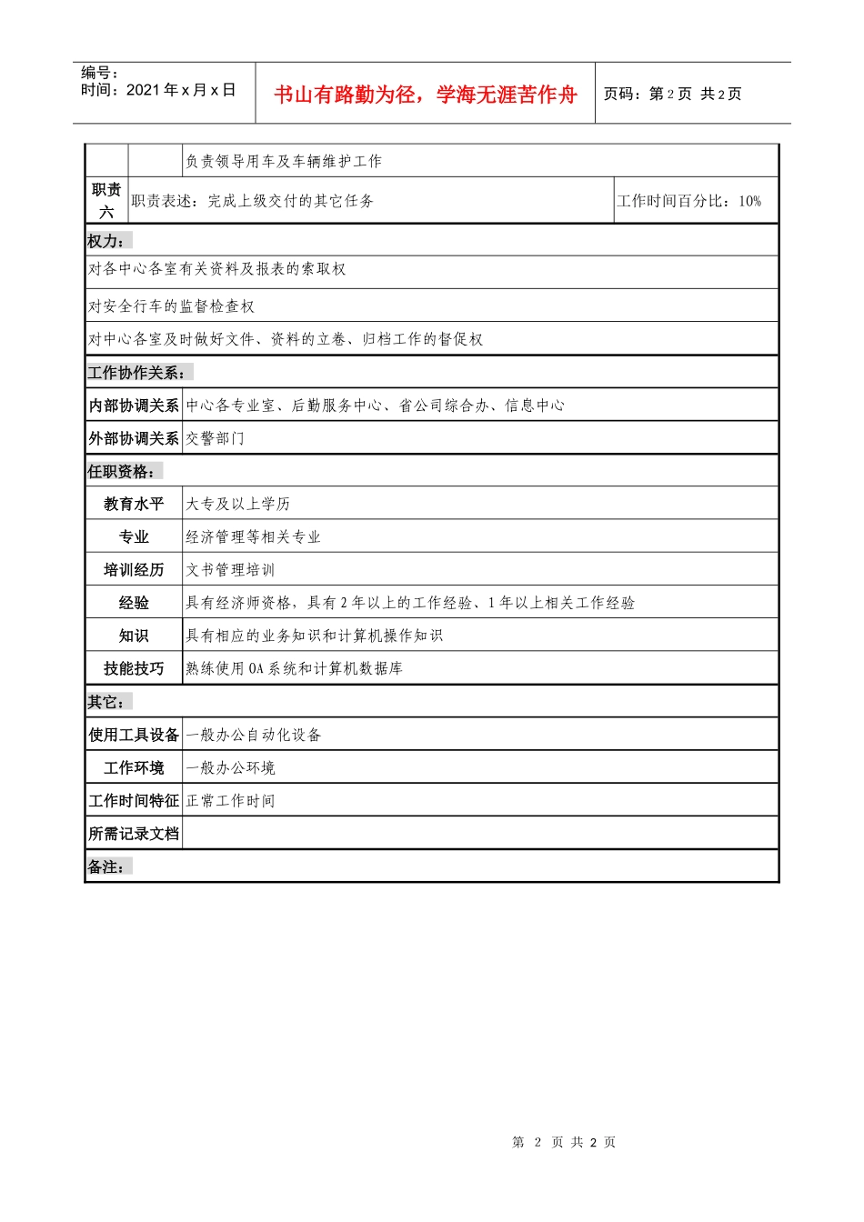 通信行业-省会运行维护中心综合室-综合管理岗位说明书_第2页