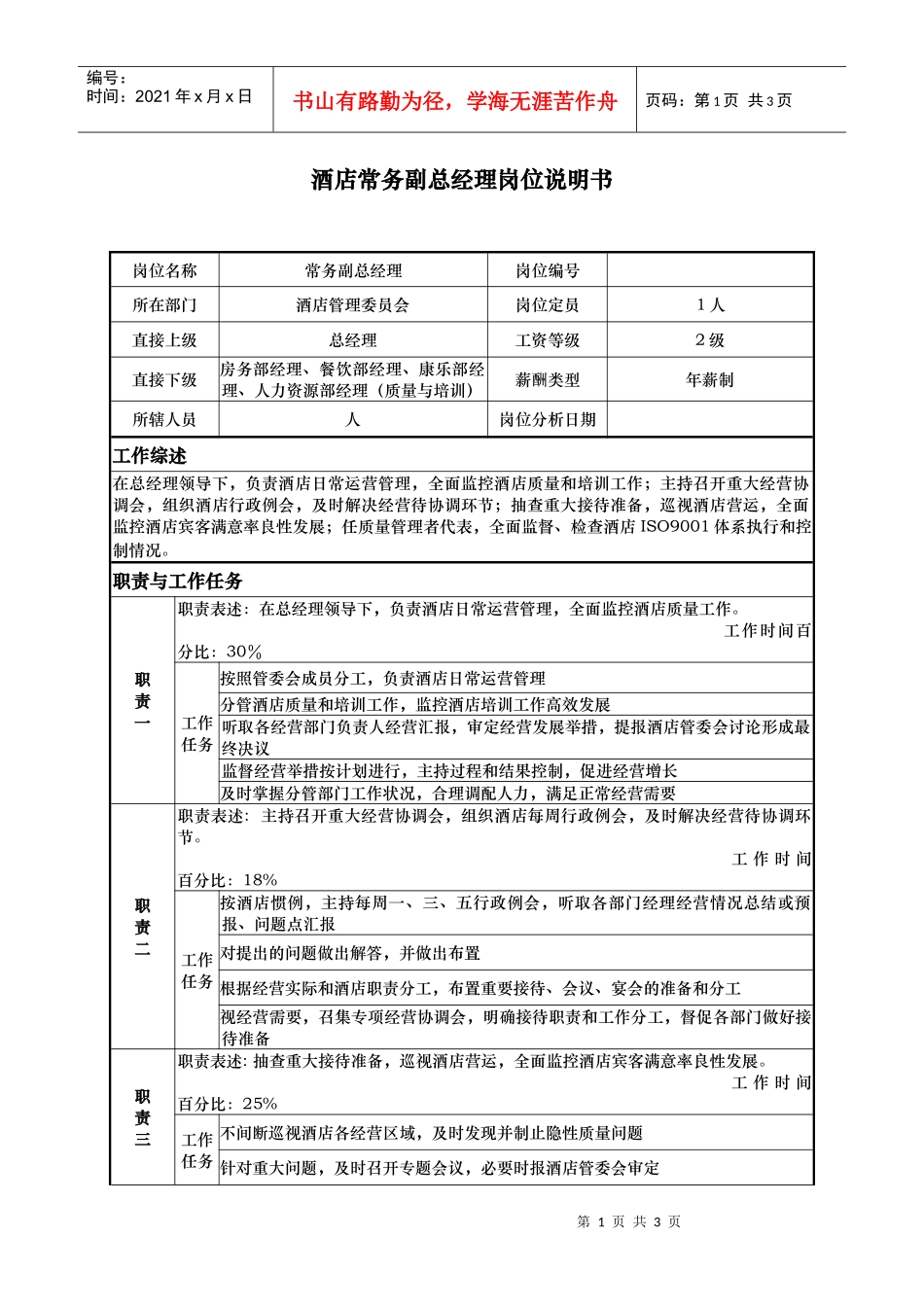 酒店常务副总经理岗位说明书_第1页