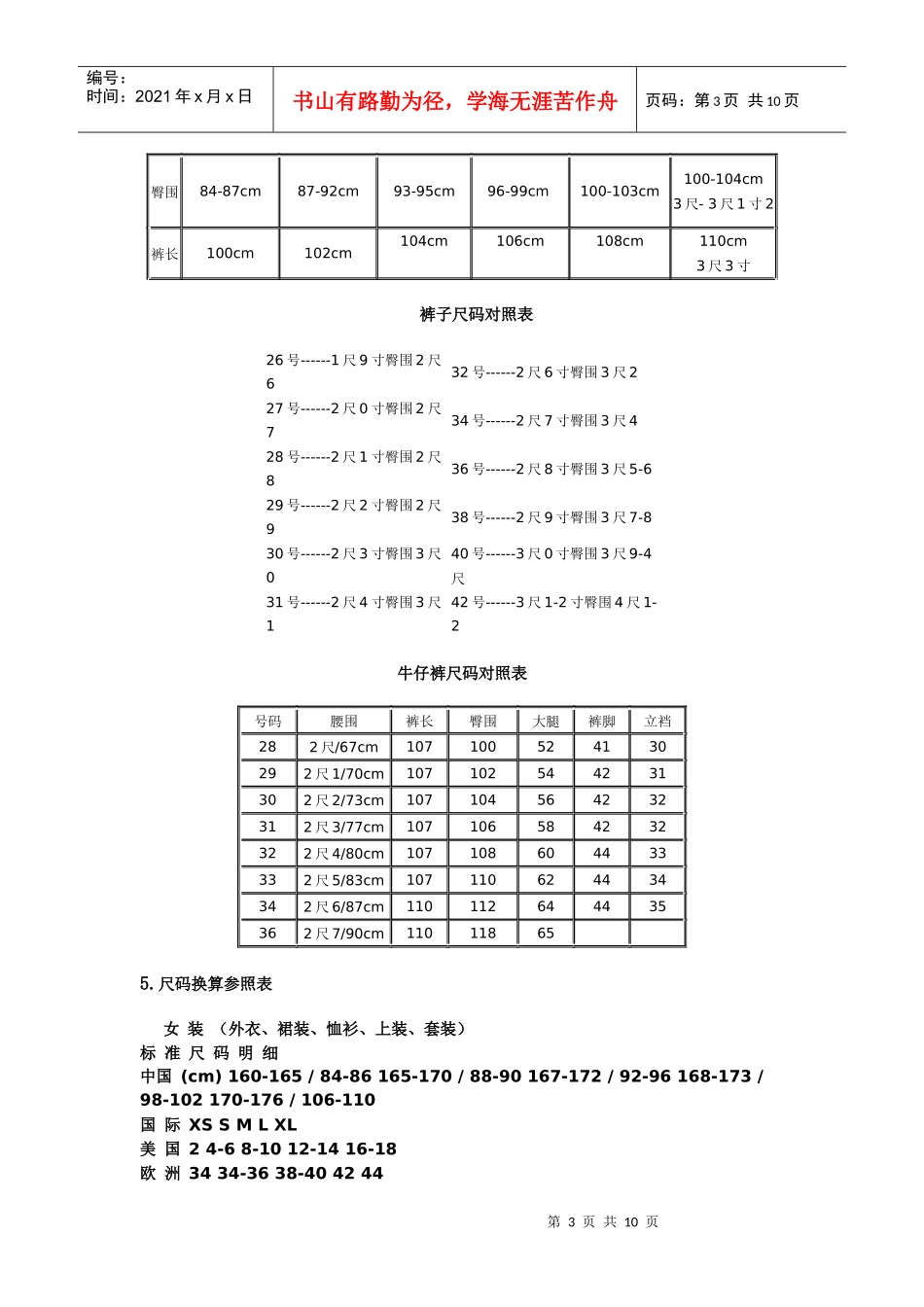 男装、女装衣服尺码对照表 上衣尺码 牛仔尺码_第3页