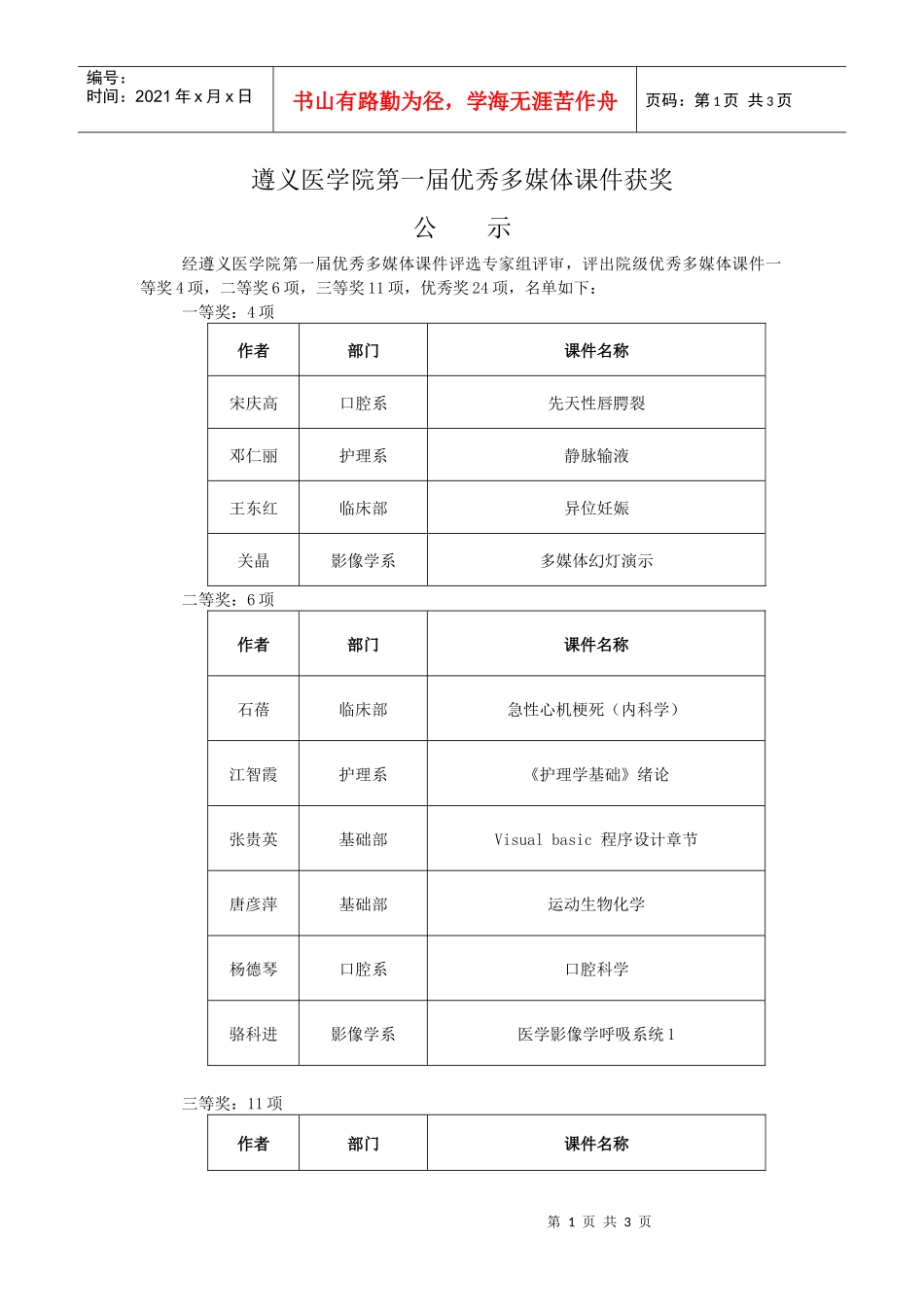 遵义医学院第一届优秀多媒体课件获奖公示doc-遵义医学院_第1页