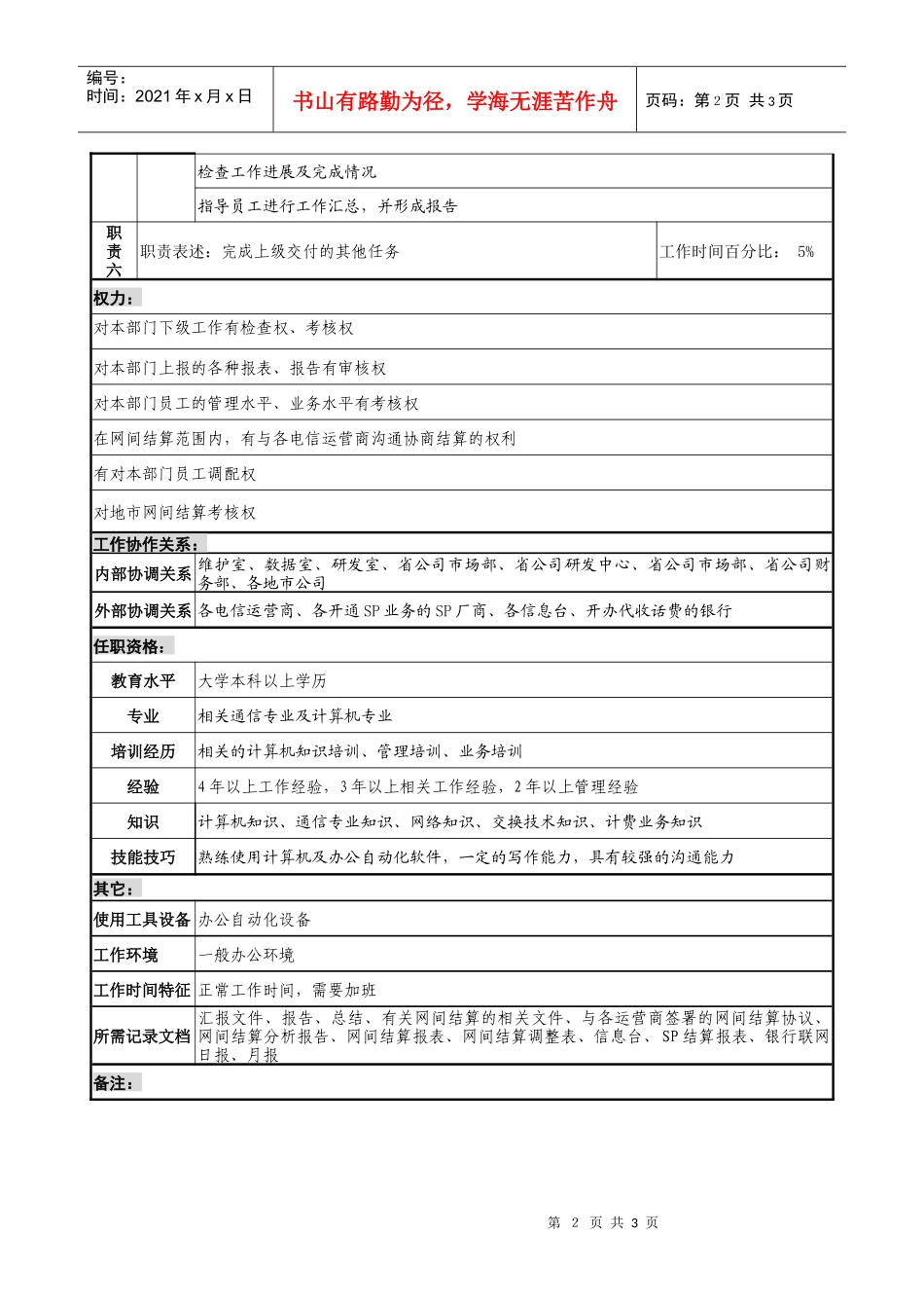 通信行业-计费业务中心-网间结算室主任岗位说明书_第2页