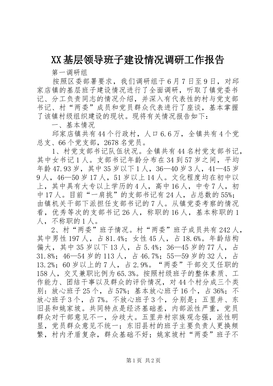 XX基层领导班子建设情况调研工作报告_第1页