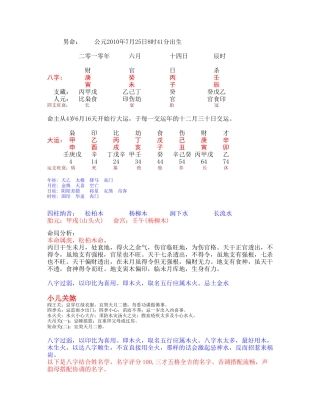 男命： 公元2010年7月25日8时41分出生