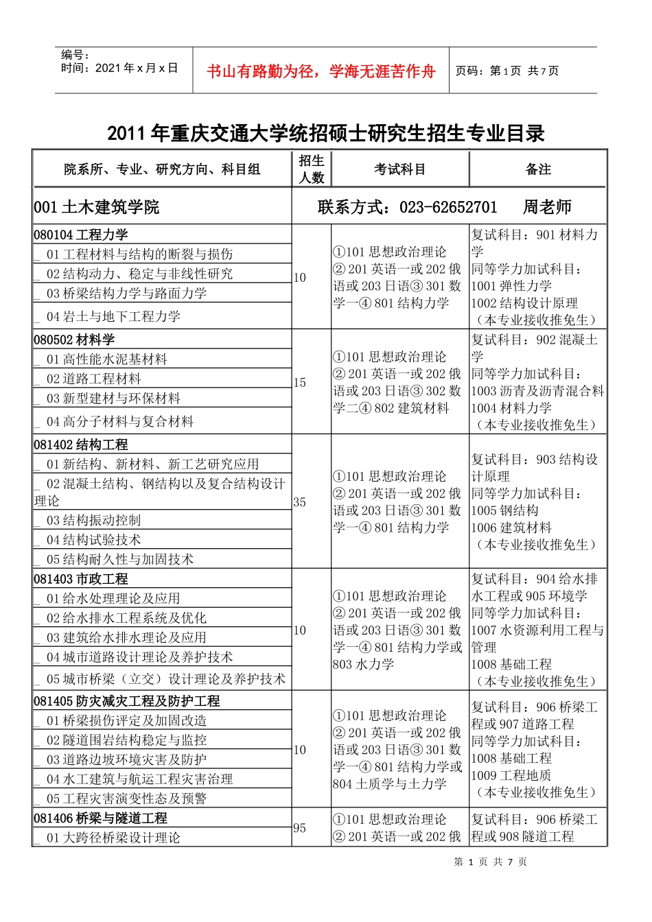 重庆交通大学XXXX年硕士研究生招生专业目录及参考书目_第1页